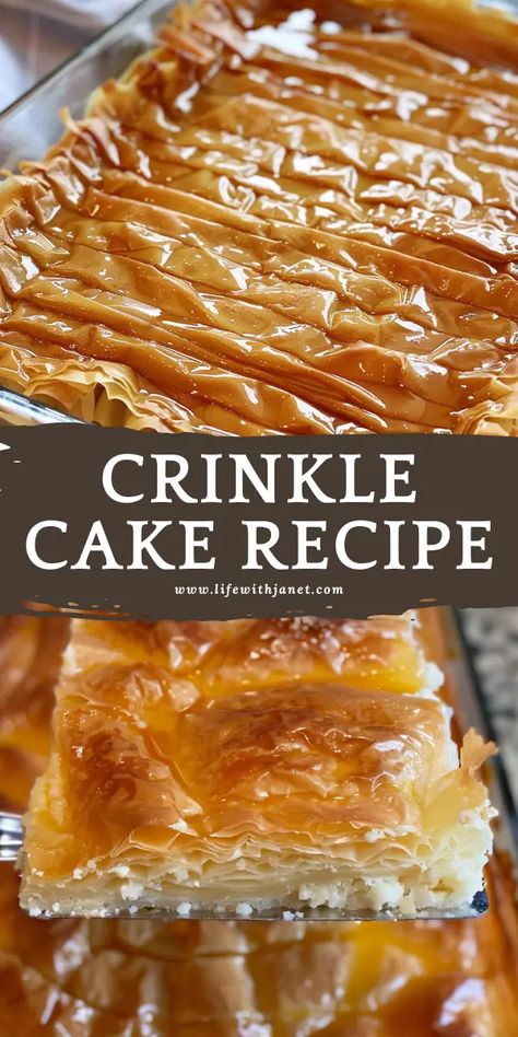 Crinkle Cake Phyllo Crinkle Custard, Custard Crinkle Cake, Crinkle Cake Pioneer Woman, Phyllo Dough Cake, Easy Fresh Desserts, Phyllo Cake Recipe, Fluffy Dessert Recipes, Broken Phyllo Cake, Philo Desserts