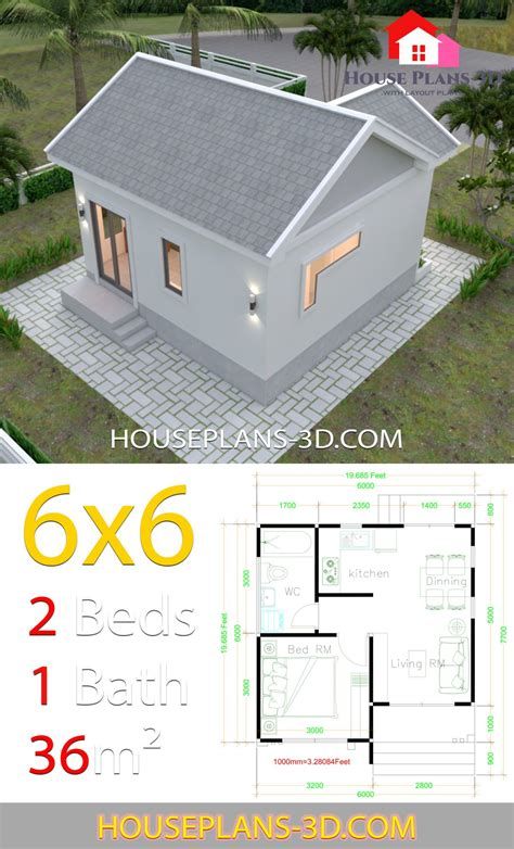 House Plans 6x6 With One Bedrooms Gable Roof - House Plans 3D Flat Roof House Designs, Gable Roof House, House Plans 3d, One Bedroom House Plans, Tiny House Towns, One Bedroom House, Flat Roof House, One Bedroom Flat, House Design Plans