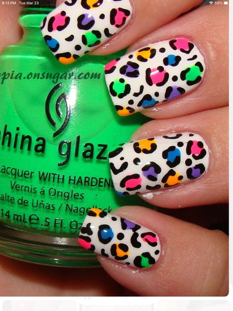 Leopard Nail Art, Cheetah Print Nails, Crazy Nail Art, Gel Nail Art Designs, Leopard Print Nails, Nail Colour, Print Nails, Leopard Nails, Rainbow Leopard