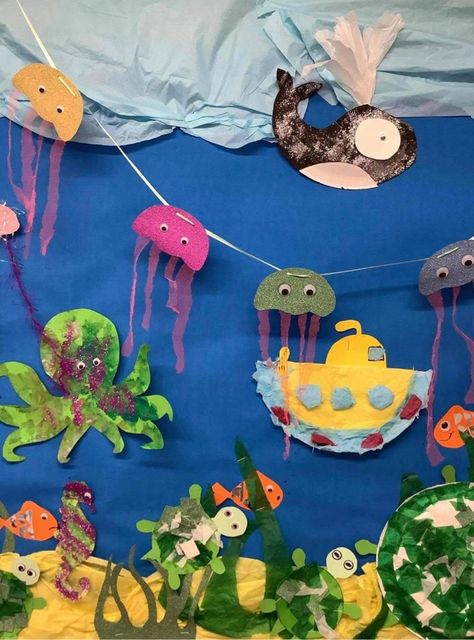 Under The Sea Display, Preschool Displays, Koala Craft, Art Display Wall, Summer Window, Water Wall, Under The Sea Theme, Sea Crafts, Nursery School