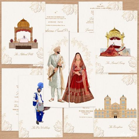 Wedding Doodles, Wedding Invitation Cards Indian, Sikh Wedding Invitations Cards, Wedding Invitations Digital, Sikh Wedding Card, Sikh Wedding Invitation, Sabyasachi Bridal, Illustrated Wedding Invitations, Hindu Wedding Cards