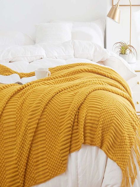 Yellow Throw Blanket Bedroom, Yellow Accent Bedroom Ideas, Mustard Yellow Throw Blanket, Yellow Blanket Bedroom, Grey And Mustard Bedroom Ideas, White And Mustard Bedroom, Black White And Yellow Bedroom, Mustard Color Bedroom Ideas, Mustard Accents Living Room