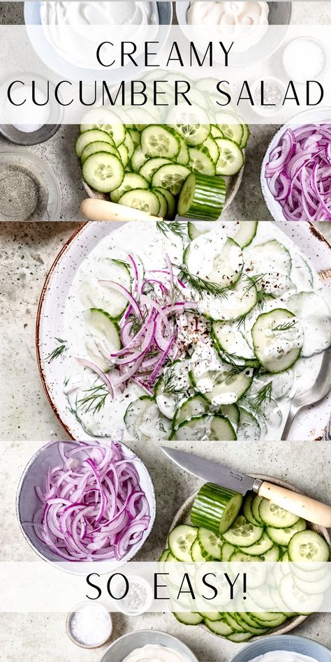 This cool and Creamy Cucumber Salad is made with a tangy sauce, crisp cucumbers, and fresh dill for a delicious summer side dish! Cucumber Dill Salad Recipes, Cucumber Sour Cream Dill Salad, Best Creamy Cucumber Salad, Dinner Recipes With Cucumber, Creamy Dill Cucumber Salad, Entire Cucumber Recipes, Cucumber Salad With Cream Cheese, Cold Foods For Summer, Dill Dishes