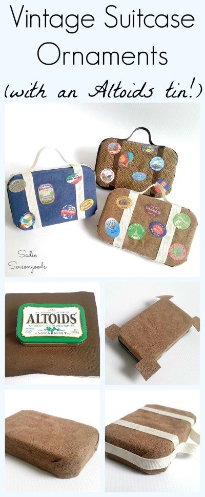 Need a holiday gift for a traveler? Repurpose an Altoids tin into a darling vintage suitcase / luggage Christmas ornament! This DIY tutorial lays out the steps- simple, easy, and just adorable. Celebrate the love of foreign travel on your tree this Christmas with an adorable upcycle craft project. #SadieSeasongoods / www.sadieseasongoods.com Tin Crafts, Altoids Tin, Travel Ornament, Altoid Tin, Altoids Tins, Art Ornaments, Travel Crafts, Fish Extender, Foreign Travel