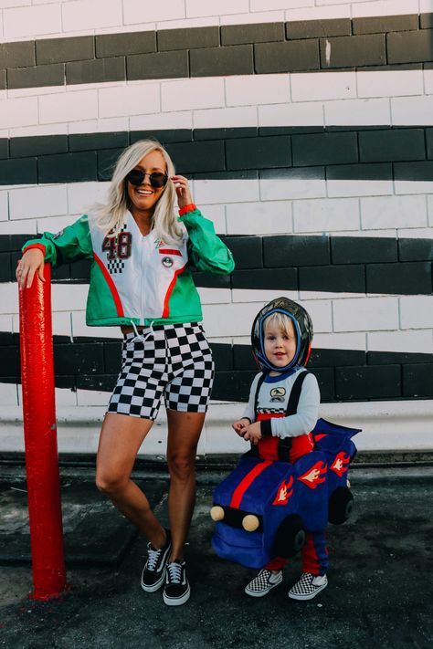 Race car kids costume and race car driver costume for mom #familycostumes Valentina Rupaul Drag Race, Race Car Outfit, Race Car Costume, Cars Halloween Costume, Race Car Driver Halloween Costume, Two Fast Two Furious, Race Car Driver Costume, Nascar Costume, Racer Costume