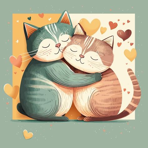 Cats Hugging, Hug Illustration, Valentine Poster, Cat Hug, Cat Couple, Hugging Couple, Love Cat, Cute Paintings, Valentines Day Card