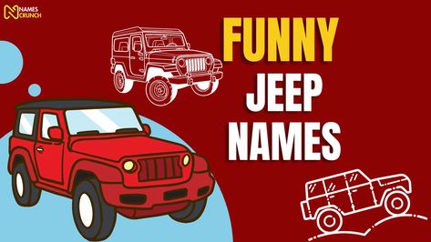 Explore a collection of witty, pun-tastic, and downright hilarious names for your trusty Jeep vehicles. From "The Gigglin' Gladiator" to "Mud-ster Comedian," this board is a Jeep owner's paradise. Whether you're a seasoned off-roader, an adventure enthusiast, or simply someone who enjoys automotive-themed humor, find the perfect name that will have you and your Jeep cruising with a smile. Pin your favorites and add a dose of laughter to your Jeep journeys! #FunnyJeepNames #OffRoadHumor White Jeep Names Ideas, Jeep Wrangler Names Ideas, Jeep Wrangler Names, Names For Your Car, Jeep Names Ideas, Jeep Themes, Jeep Wrangler Quotes, Jeep Meme, Car Names Ideas