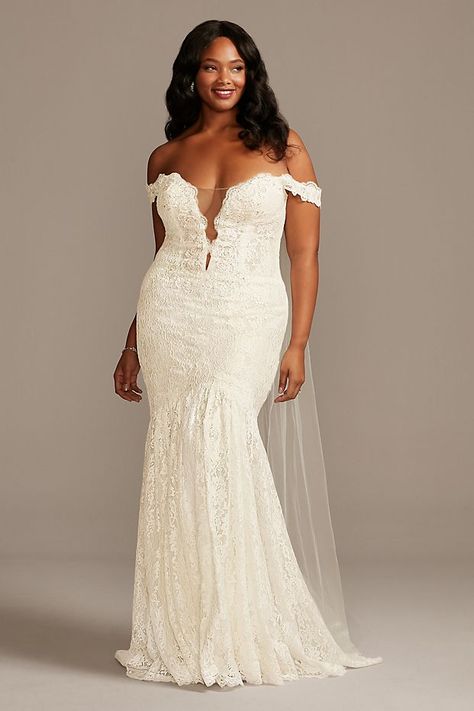 Off Shoulder Plunging Tall Plus Lace Wedding Dress | David's Bridal Raider Wedding, Plus Size Lace Wedding Dress, Bridal Off Shoulder, Illusion Lace Wedding Dress, Off Shoulder Lace Dress, Beaded Corset, Vowel Renewal, Plus Wedding Dresses, Wedding Dress Style