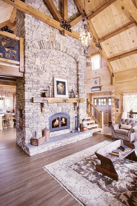 Stone Fireplace With Cathedral Ceiling, Cabin Beams Ceilings, Living Room With Big Fireplace, Fireplace In Middle Of Open Floor Plan, Log House Interior Modern, Modern Log Cabin Homes, Cathedral Fireplace, Log Homes Interiors, Wood House Kitchen