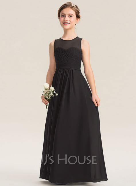 A-Line Scoop Neck Floor-Length Chiffon Junior Bridesmaid Dress With Ruffle (009173284) - JJ's House Black Junior Bridesmaid Dress, Jr Bridesmaid, Black Corset Dress, Junior Bridesmaids, Junior Bridesmaid Dress, Bright Wedding, Black Bridesmaid Dresses, Wildest Dreams, Junior Bridesmaid Dresses