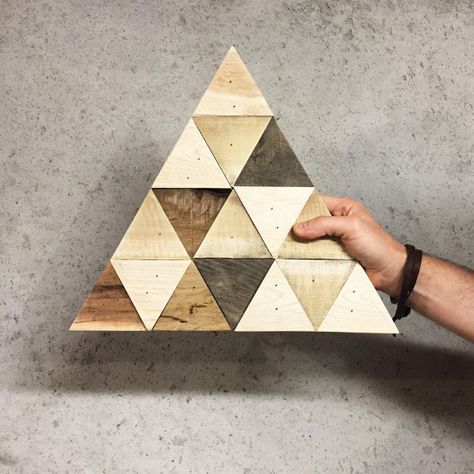 Weve assembled random shades of reclaimed wood triangles to create a unique… Wood Triangle Crafts, Wood Triangle, Large Wood Wall Art, Scrap Wood Crafts, Triangle Art, 3d Paper Art, Wood Scraps, Homemade Ornaments, Wood Designs