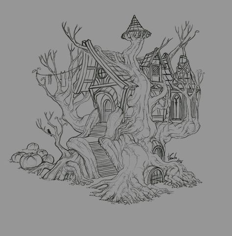 ArtStation - Witch House Skecth , Tânia Guita Witch Cottage Drawing, Witch House Tattoo, Witch House Drawing, Tree House Tattoo, Fairy House Drawing, Cottage Drawing, Tree House Drawing, Witch Drawing, Witch Cottage