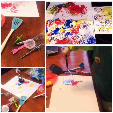 painting with kitchen utensils toddlers Painting With Utensils, Preschool Painting, Sensory Bin Ideas, Cooking Theme, Painting Challenge, Toddler Painting, Indoor Activities For Toddlers, Prek Classroom, Art Activities For Toddlers