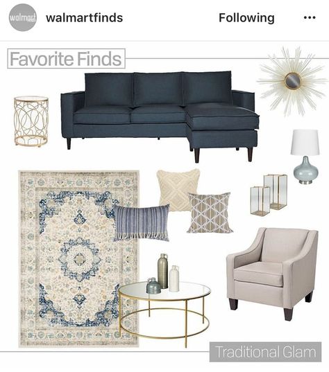 Navy And Neutral Living Room, Farmhouse Glam Decor Living Room, Traditional Living Room Mood Board, Traditional Glam Living Room, Chic Farmhouse Living Room, Blue Sofa Living Room, Navy Sofa Living Room, Living Room Mood Board, Mood Board Living Room