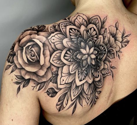 Womens Upper Back Tattoos, Shoulder Back Tattoos For Women, Upper Back Tattoo Women Shoulder, Coverup Tattoo Ideas For Women, Shoulder Cover Up Tattoos, Big Cover Up Tattoos, Cow Skull Tattoos, Feminine Shoulder Tattoos, 2024 Tattoo