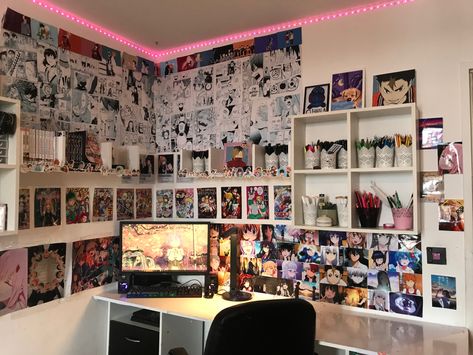 This is my favourite corner in my room,I read mangas,play videogames and draw here. Anime Gaming Room, Anime Band, Room Anime, Book Corner, Manga Wall, Anime Wall, Corner Decor, Room Corner, Book Corners