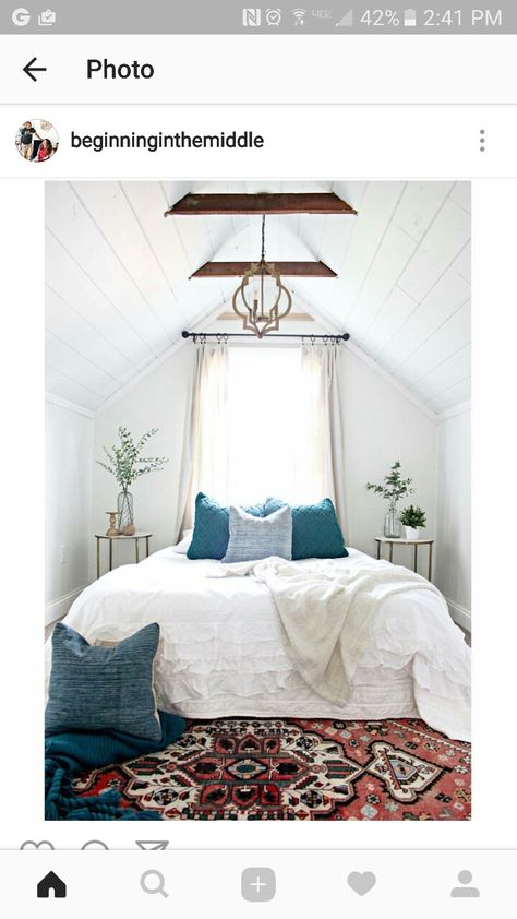 Inspiration for bonus room angled wall & ceiling- shiplap! This beautiful room is from IG: beginninginthemiddle Charming Bedroom, Bedroom Attic, Slanted Walls, Attic Playroom, Angled Ceilings, Bright Pillows, Small Attic, Attic Bathroom, Attic Bedrooms