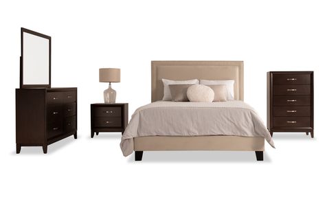 Tremont 5 Piece Queen Beige Upholstered Bedroom Set with Chest | Bob's Discount Furniture Espresso Bedroom Furniture, Gray Upholstered Bed, Idea Bilik Tidur, Grey Bedroom Set, Upholstered Bedroom Set, Bed Dresser, Upholstered Bedroom, Bob's Discount Furniture, Bedroom Panel