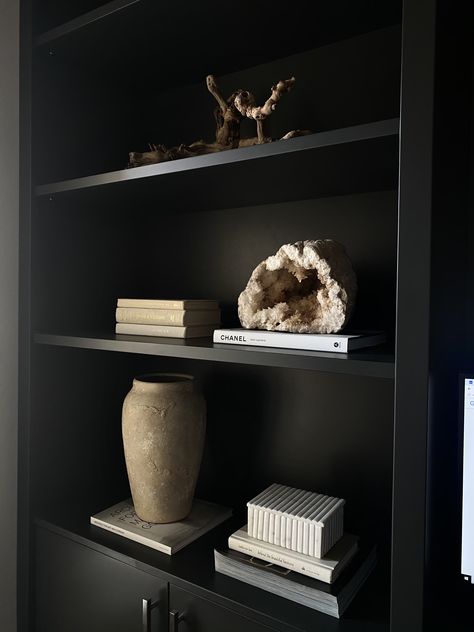 Classy Shelf Decor, Men Bookshelf Decor, Monochromatic Shelf Styling, Black Shelf Styling, Shelf Decor Living Room Modern, Black Shelf Decor, Restoration Hardware Shelves, Modern Wabi Sabi Interiors, Rh Decor