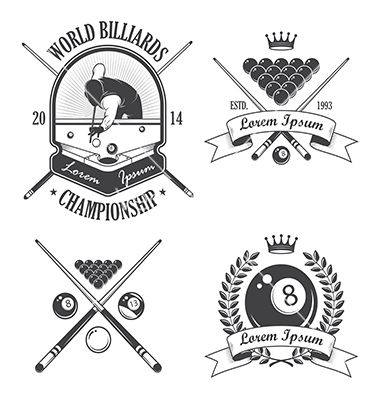 Set of billiards emblems labels and logo. Pool vector by IvanMogilevchik on VectorStock® Billiards Pool Tattoos, Pool Cue Tattoo, Snooker Tattoo, Billiard Tattoo, Billiards Tattoo, Pool Hall Ideas, Pool Tattoo, Game Emblems, Logo Coffee