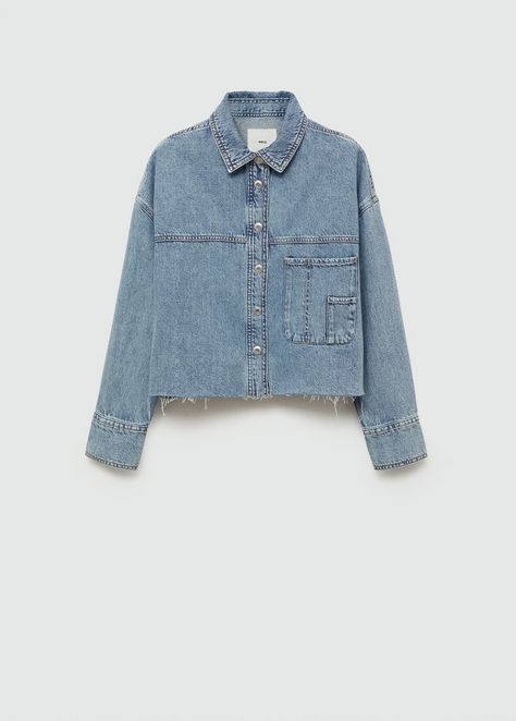 Denim overshirt with frayed hem - Women | MANGO USA Denim Overshirt, Denim Style, Denim Jacket Women, Denim Coat, Jacket Women, Denim Outfit, Hat Hairstyles, Denim Fashion, Playsuit Jumpsuit