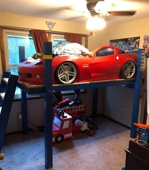 Kids Bedroom Design Ideas, Boys Car Bedroom, Race Car Bedroom, Boy Car Room, Build Stairs, Cars Bedroom Decor, Kids Car Bed, Car Themed Bedrooms, Bed Idea