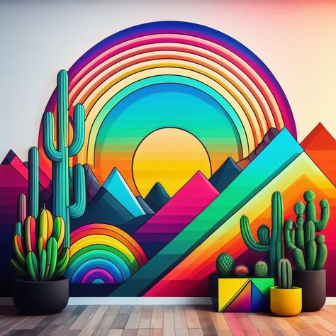 Mexican Accent Wall, Mexico Mural Art, Portal Mural, Colorful Mural Wall, Mexican Mural Art, Mexican Murals, Cactus Mural, Frontyard Landscape, Dry Basil