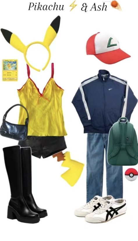 Anime Duo Costumes, Ash And Pikachu Costume, Pikachu And Ash Costume, Pikachu And Ash, Original Halloween Costumes, Halloween Costumes Brunette, Pikachu Costume, Character Halloween Costumes, Cute Couple Halloween