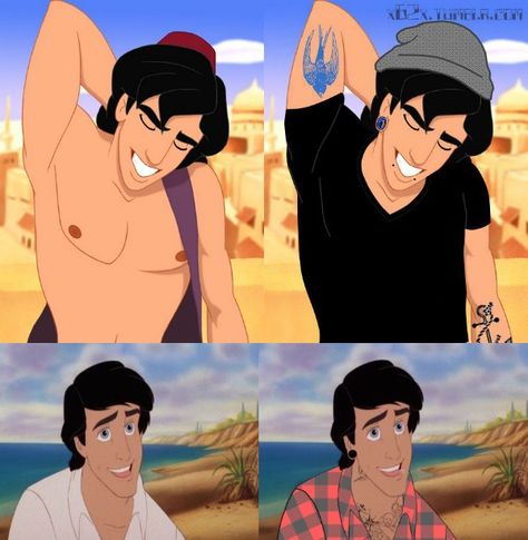 Aladdin Emo Disney Princess, Emo Disney, Hipster Disney, Tattoos Disney, Cartoon Crushes, Hipster Illustration, Disney Prince, Punk Disney, Princess Photo