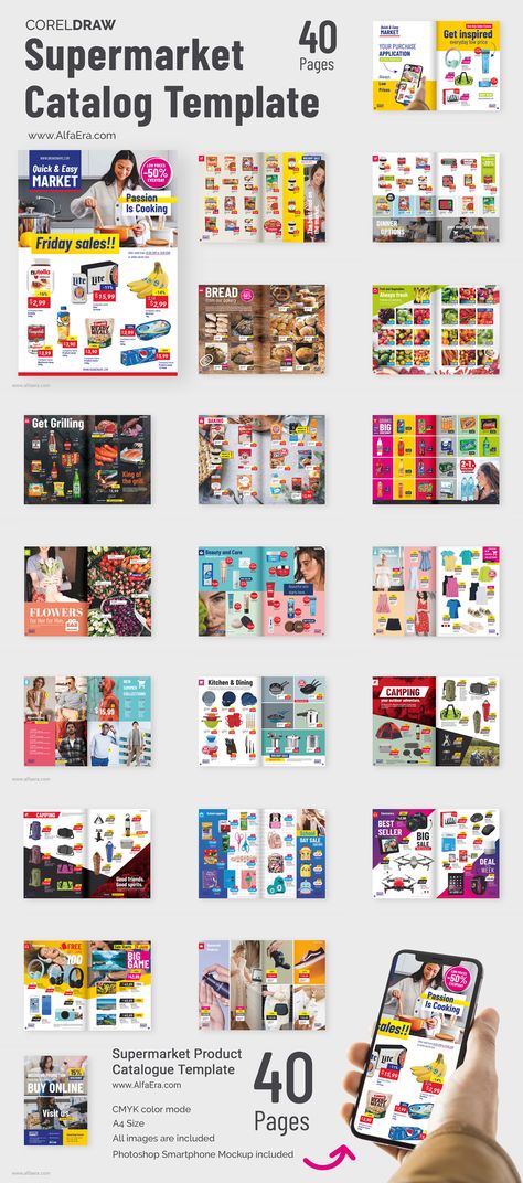 Supermarket CorelDraw Catalog Template + BONUS Photoshop Smartphone Mockup. Supermarket Catalogue, Aesthetic Supermarket, Supermarket Aesthetic, Food Catalog, Catalog Design Layout, Product Catalog Template, Smartphone Mockup, Catalogue Layout, Catalog Template