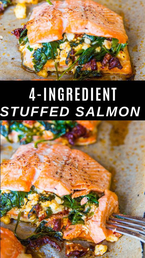 Stuffed Salmon recipe with only 4 ingredients! This easy healthy dinner recipe only takes 30 minutes and is paleo, keto, whole30 and delicious! Salmon Stuffed With Spinach, Salmon With Feta, Salmon Stuffed, Fillet Recipes, Mediterranean Foods, Stuffed Salmon, Keto Seafood, Mediterranean Meals, Healthy Dinner Recipe