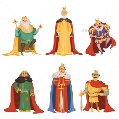 Cartoon characters of big king in different poses. Collection of king character, medieval person lord and monarch with crown. Vector illustration King Character Design, King Character, King Cartoon, King And Queen Crowns, King Drawing, Big King, King Outfit, Different Poses, Female Knight