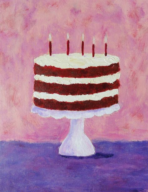 Velvet Cake, oil by Joan Whitmore Dessert Painting Easy, Cake Watercolor Painting, Sweets Painting, Preppy Wall Collage, Cake Painting, Aesthetic Paintings, Cake Drawing, Pastel Birthday, Kids Craft Room