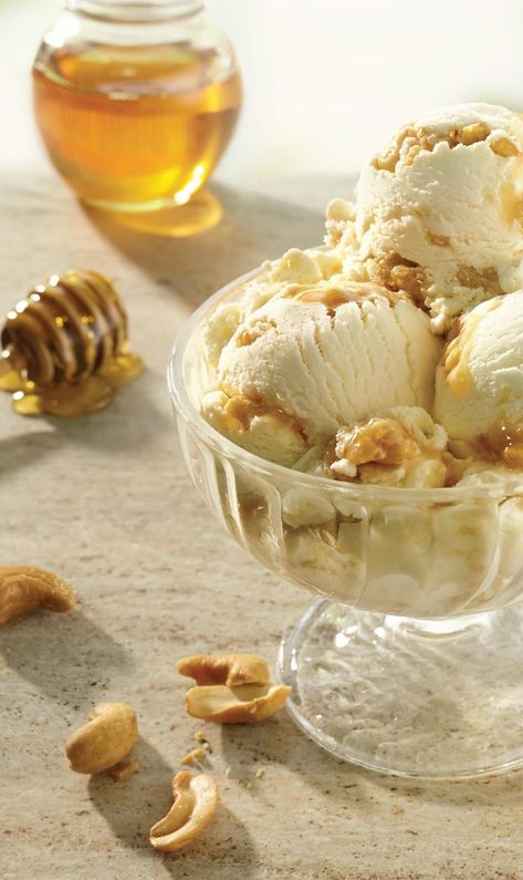 A gooey ribbon of honey butter intertwines with our perfect vanilla ice cream scattered with chunks of crunchy honey praline cashews. Every bite, bursting with nutty, buttery flavor. Give Honey Butter Cashew a try, you won't be sorry! 🍯 🍨 Stop in to one of 44 Oberweis Ice Cream & Dairy Store locations or add to your home delivery order today! #oberweisicecream #simplythebest Cashew Ice Cream, Honey Butter, Vanilla Ice, Vanilla Ice Cream, Cashew, Grocery Store, Delicious Desserts, Dairy, Vanilla