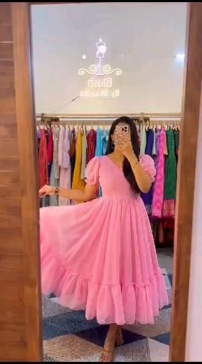 *Price*: *780 free shipping* **Launching Beautiful pink brasso dress with nice flair and puff sleeves.* 💃🏻💃🏻💃🏻💃🏻💃🏻 *👉*Gown*:- 👇 ➡️ *Fabric*: Georgette butti ➡️ *Lining*: micro cotton ➡️ *Sleeve*: puff sleeves. ➡️ *colour*: pink ➡️ *Sizes*: XS-34, S-36, M-38, L-40, XL-42, XXL-44, 3XL-46 ➡️ *Package contain*: only dress Ready to ship 🚢 Happy shopping🛒🛍️ ✨ maxy gown Saree Cloth Frock Design, Georgette Fabric Dress Design, Old Saree Convert Into Long Frock, Brasso Fabric Dress, Georgette Long Frocks, Pink Frocks For Women, Saree Converted To Dress, Georgette Dress Designs, Saree Converted To Gown