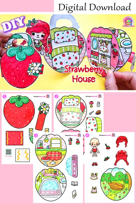 Strawberry Mini Bag House For Toca boca Paper dolls Strawberry House, Strawberry Crafts, Bag House, Free Printable Paper Dolls, Paper Doll Printable Templates, Diy Projects For Men, Paper Dolls Diy, Dolls Diy, Paper Doll House