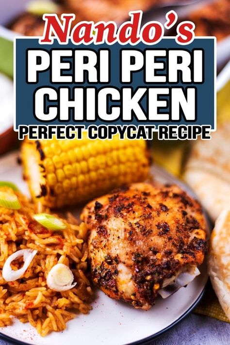 Why not make your favorite Nando's Chicken at home? This easy Peri Peri Chicken recipe has all the flavor you know and love from Nando's but much cheaper - the marinade is amazing. It's simple to make and cooks in 40 minutes, and you can even cook it on the BBQ too. Spice up your meals times with this flaming hot Nando's Chicken Recipe! Serve with rice and corn for an authentic Portuguese Nandos experience! Nandos Chicken Recipe, Portuguese Chicken Recipes, Piri Piri Chicken Recipe, Nandos Peri Peri Chicken, Peri Chicken Recipe, Peri Peri Chicken Recipe, Nando's Chicken, Rice And Corn, Peri Peri Sauce