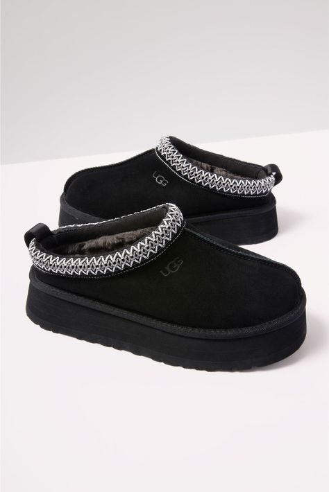 The UGG® Tazz platform slipper is crafted in a suede fabric with an EVA outsole and cozy UGGplush™ lining, a moisture-wicking textile made from a wool-rich blend but made to feel and wear like shearling. | UGG Women's Tazz Shoes, Size 8, Black Ugg Tazz Platform, Black Ugg Slippers, Autumn Fashion Work, Ugg Tazz, Black Uggs, Ugg Slippers, Sheepskin Boots, Hype Shoes, Platform Slippers