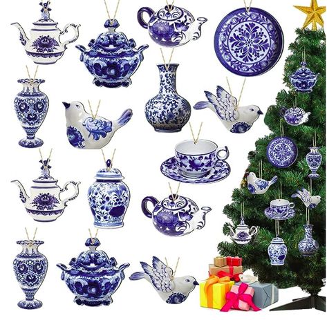 40 Pieces Christmas Chinoiserie Ornaments Blue and White Porcelain Christmas Wooden Ornaments Hanging Chinoiserie Christmas Ornaments Ginger Jar Ornaments Teapot Bird Cup Porcelain Ornament (Classic) Chinoiserie Christmas Decor, Christmas Chinoiserie, Diy Chinoiserie, Christmas Wooden Ornaments, Jar Ornaments, Chinoiserie Ornaments, Bird Cup, Vintage Jul, Chinoiserie Christmas