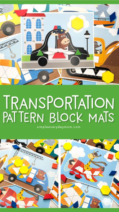 Transportation Pattern Block Mats For Kids Transportation Pattern Block Mats, Pattern Block Mats, Fun Stem Activities, Transportation Preschool, Block Puzzle, Stem Activity, Quiet Activities, Learning Shapes, Kindergarten Crafts