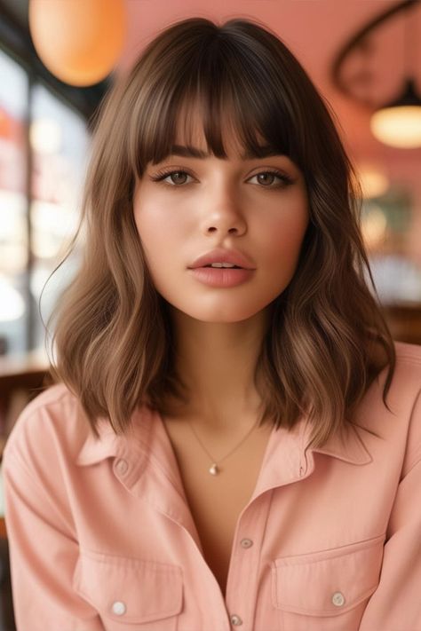 Medium Wavy Hair with Bangs, haircut for round face Cute Hairstyles For Round Faces, Medium Wavy Hair With Bangs, Medium Wavy Hair, Haircut Ideas Brown Hair, Wavy Hair With Bangs, Dutch Side Braid, Bangs Haircut, Twist Box Braids, Ideas Haircut