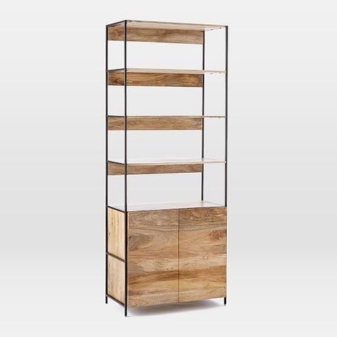 Rustic Modular 33" Open + Closed Storage | West Elm 33"w x 17"d x 84"h. $899. To hold jacuzzi towels? Contemporary Bookshelf, Wide Bookshelf, Reclaimed Wood Nightstand, Cellar Door, Modern Bookcase, Blackened Steel, Industrial Storage, Modular Storage, Shelf Display