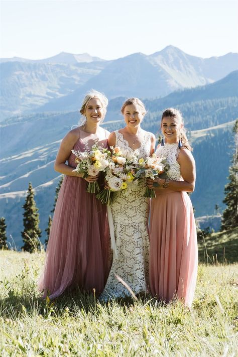 Bride and bridesmaids at an intimate elopement ceremony in the mountains of Crested Butte, Colorado adventure wedding photographer Crested Butte Wedding, Coordinated Outfits, Crested Butte Colorado, Bride And Bridesmaids, Colorado Adventures, Intimate Elopement, Elopement Ceremony, Crested Butte, Adventure Wedding