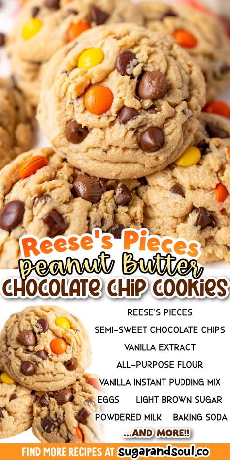 Reese Peanut Butter Pudding Cookies, Peanut Butter Cookies With Vanilla Pudding, Reeces Pieces Pudding Cookies, Reeses Peanut Butter Pudding Cookies, Peanut Butter Cookies With Reeses Pieces, Recipes With Reese's Peanut Butter Chips, Resses Pieces Cookies, Reese’s Pieces Recipes, Reese’s Pieces Peanut Butter Cookies