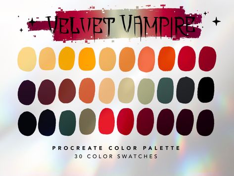 Velvet Vampire Color Palette For Procreate This color palette contains 30 color swatches to use in Procreate App. These colors were handpicked and were inspired by vampire and horror themes. ⭐️ || YOU WILL RECEIVE || ⭐️ 1 x Procreate Palette Instructions 1 x JPG file with all swatches 1 x Velvet Vampire Color Palette for Procreate || .swatches file ⭐️ || HOW TO USE || ⭐️ 1. You will receive an email after you complete checkout with a link to download the files. 2. You can also log into your Etsy Goth Pallete Color, Vampire Skin Tone Palette, Calico Color Palette, Color Palette With Red And Black, Tim Burton Color Palette, Horror Colour Palette, Vampire Palette, Halloween Color Pallet, Gothic Colour Palette