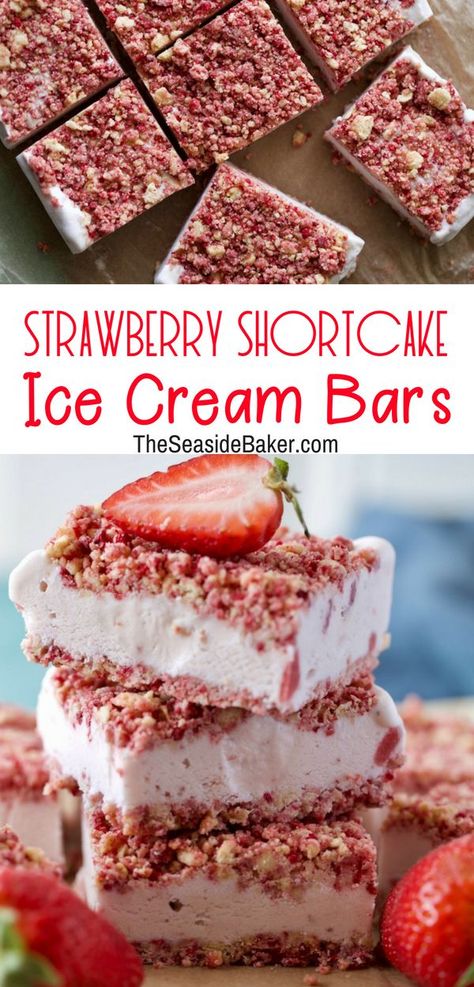 Frozen Strawberry Shortcake Dessert, Strawberry Ice Cream Dessert Recipes, Dessert Ice Cream Ideas, Ice Cream Desserts Ideas Simple, How To Make Ice Cream Bars, Ice Dessert Recipes, Strawberry Shortcake Ice Cream Recipe, Summer Desserts Easy Simple, Frozen Summer Desserts