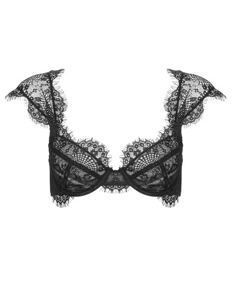 Delicately beautiful underwired bra in eyelash lace with wide shoulder strap detail. The adjustable lace statement straps are edged with narrow elastic to keep them in place. The eyelash lace extends under the cups creating a delicate underband. Non padded balcony cup shaping. Style with the matching thong. Lace Bra Outfit, Thigh Harness, Bra Outfit, Thigh Chain, Beautiful Eyelashes, Balcony Bra, Soft Cup Bra, Neck Chain, Black Bra