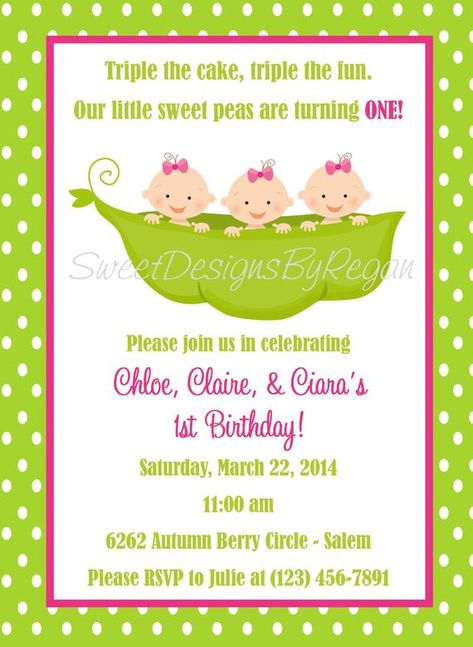 Triplet Birthday Invitation - (Digital File) / Triplets First Birthday Party / Triplets 1st Birthday / Triplet Invitation Twin Ideas, 2 Peas In A Pod, Twins First Birthday, Twin Birthday Parties, Twins 1st Birthdays, Twin First Birthday, Candy Labels, Twins Birthday, 2014 Christmas