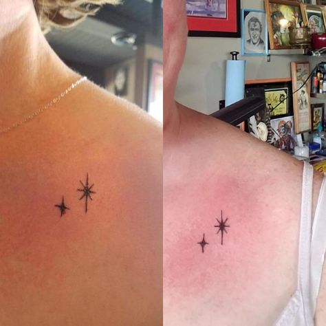 Best Friend North Star tattoos Evangeline And Ray Star Tattoo, Tattoos Stars, Friend Tats, Bestie Tats, Pan Tattoo, North Star Tattoos, Peter Pan Tattoo, Shoulder Tats, Bff Stuff