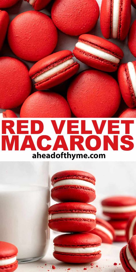 These homemade Red Velvet Macarons with their bold red color and a hint of cocoa flavor, are just like the beloved cake but in bite-sized form. These cookies are filled with tangy cream cheese frosting for a classic flavor pairing and results in a chewy, melt-in-your-mouth experience that elevates the classic red velvet to new heights. Serve these cookies for special occasions — perfect for Valentine's Day or on your holiday dessert table! | aheadofthyme.com #redvelvetmacaron via @aheadofthyme Macaroons Valentines Day, Red Velvet Macaron Recipes, Macaroons Recipe Without Almond Flour, Valentine’s Day Macarons, Macarons Without Almond Flour, Macaron Recipe Without Almond Flour, Red Velvet Macaroons, Valentines Macarons, Easy Macaron Recipe